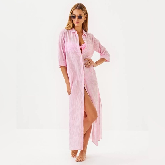 🌴 Lilly Pulitzer Natalie Maxi cover Up Pink and White Stripe XL Flowy & Light - Picture 1 of 10